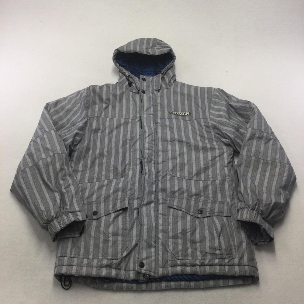 Maui And Sons Jacket Mens Large Gray Hooded Insulated Parka Striped Ski Winter